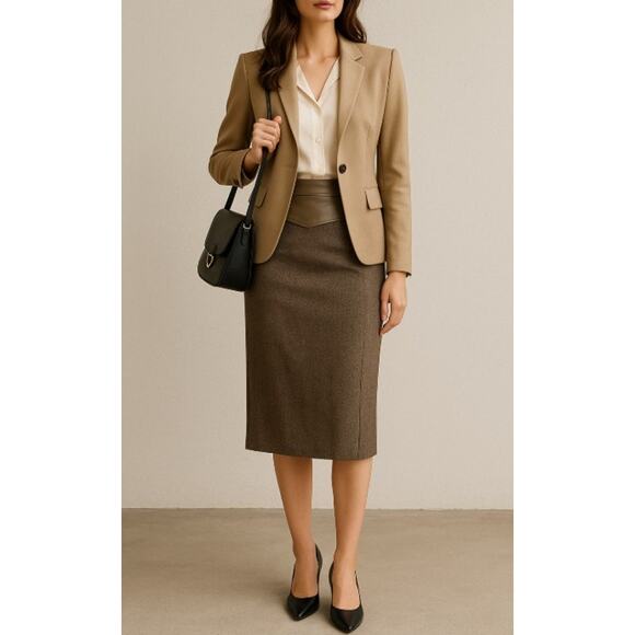 Vintage 90s Jenny Italy Wool Silk Skirt Women’s 26W 35H 27L Brown Lined Midi - Picture 1 of 10